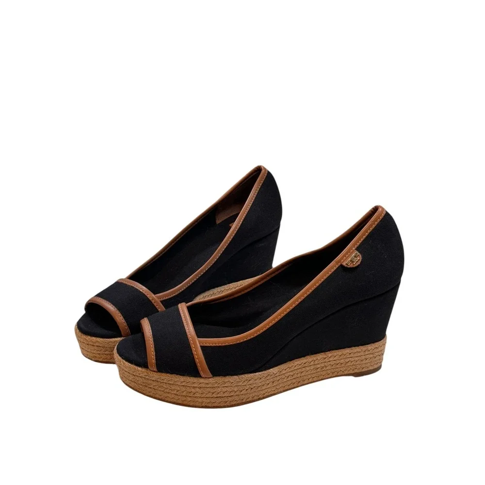 Tory Burch Majorca Espadrille Wedge Peep Toe Canvas Black/Tan EU 37.5 US 7